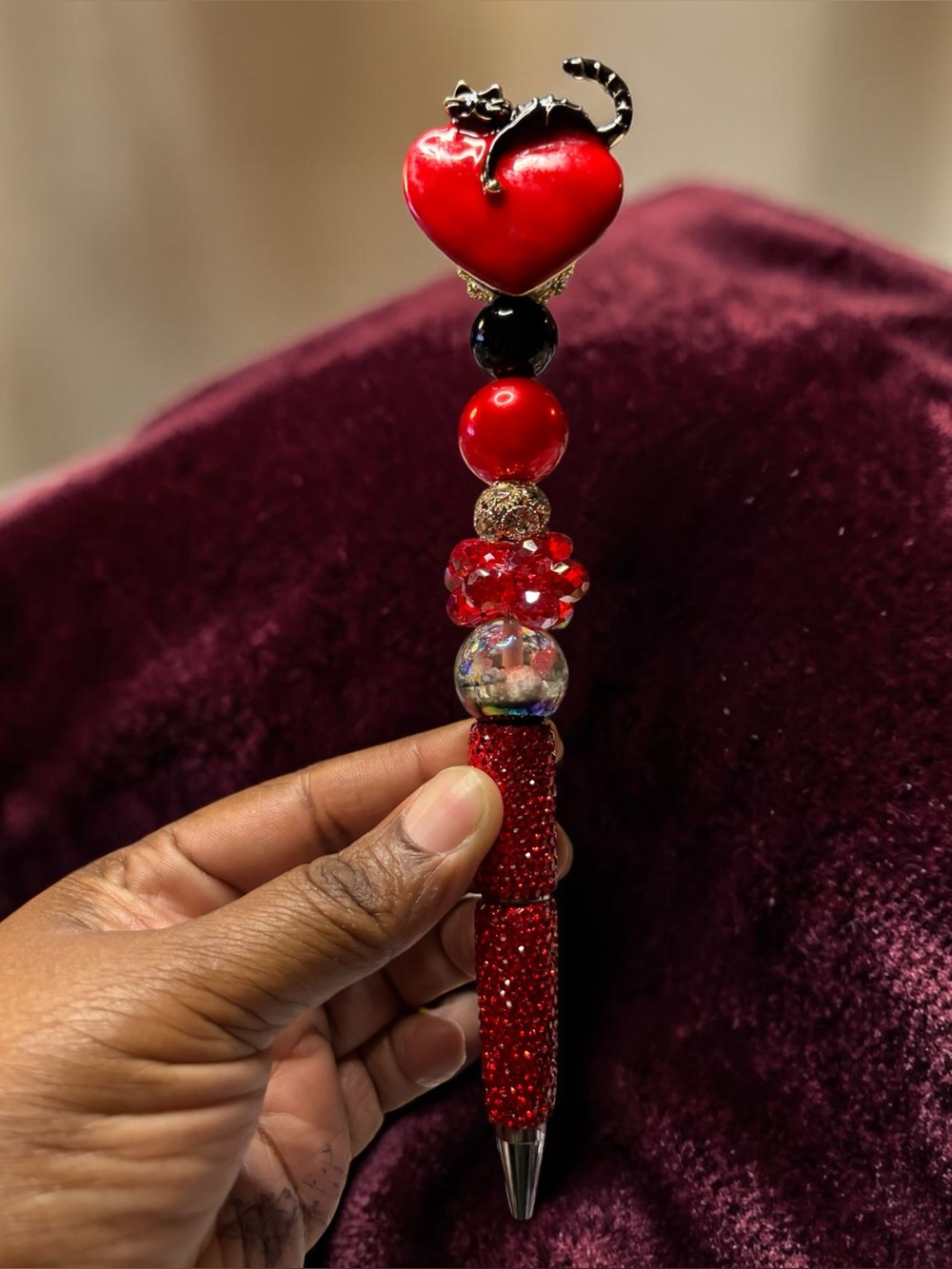 Handcrafted Red Heart & Black Cat  Pen